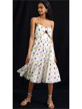 FARM Rio Embroidered Pineapple Cutout Halter Midi Dress Sz L